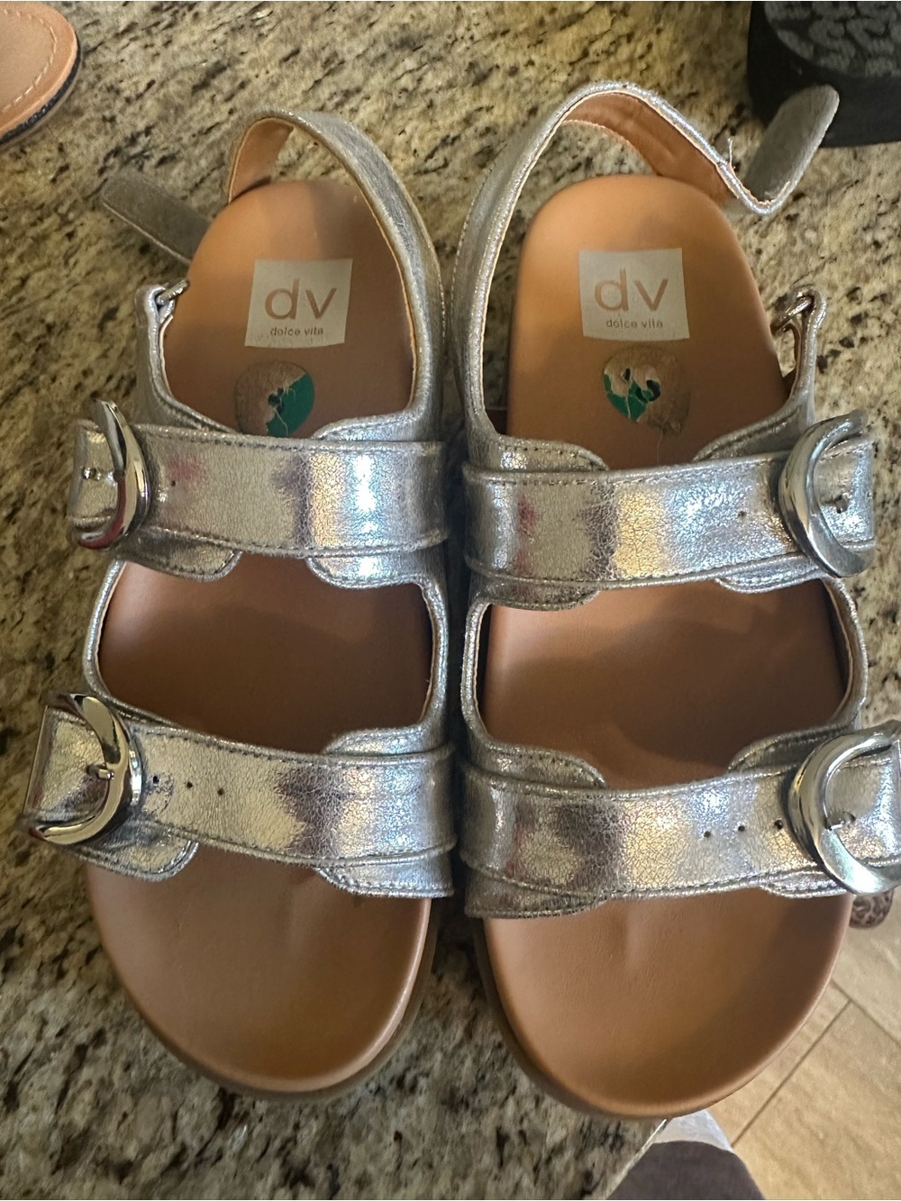 Dolce Vita Metallic Silver Double-Buckle Sandals, New